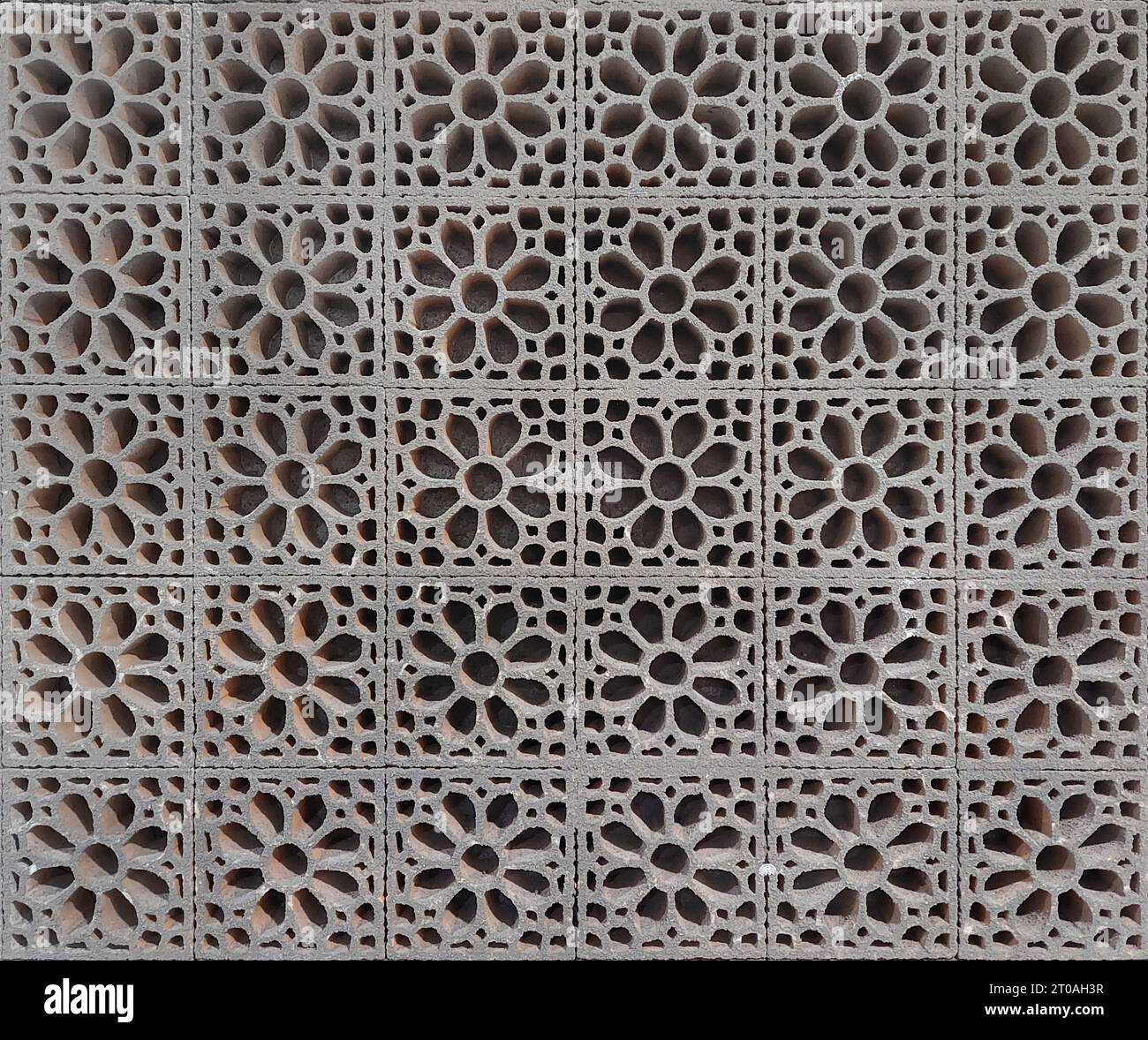 Close up pattern of moulded clay or ceramic latticework, or simply called as Roster, in flower pattern. Latticework is a moulded or cutout pattern Stock Photo