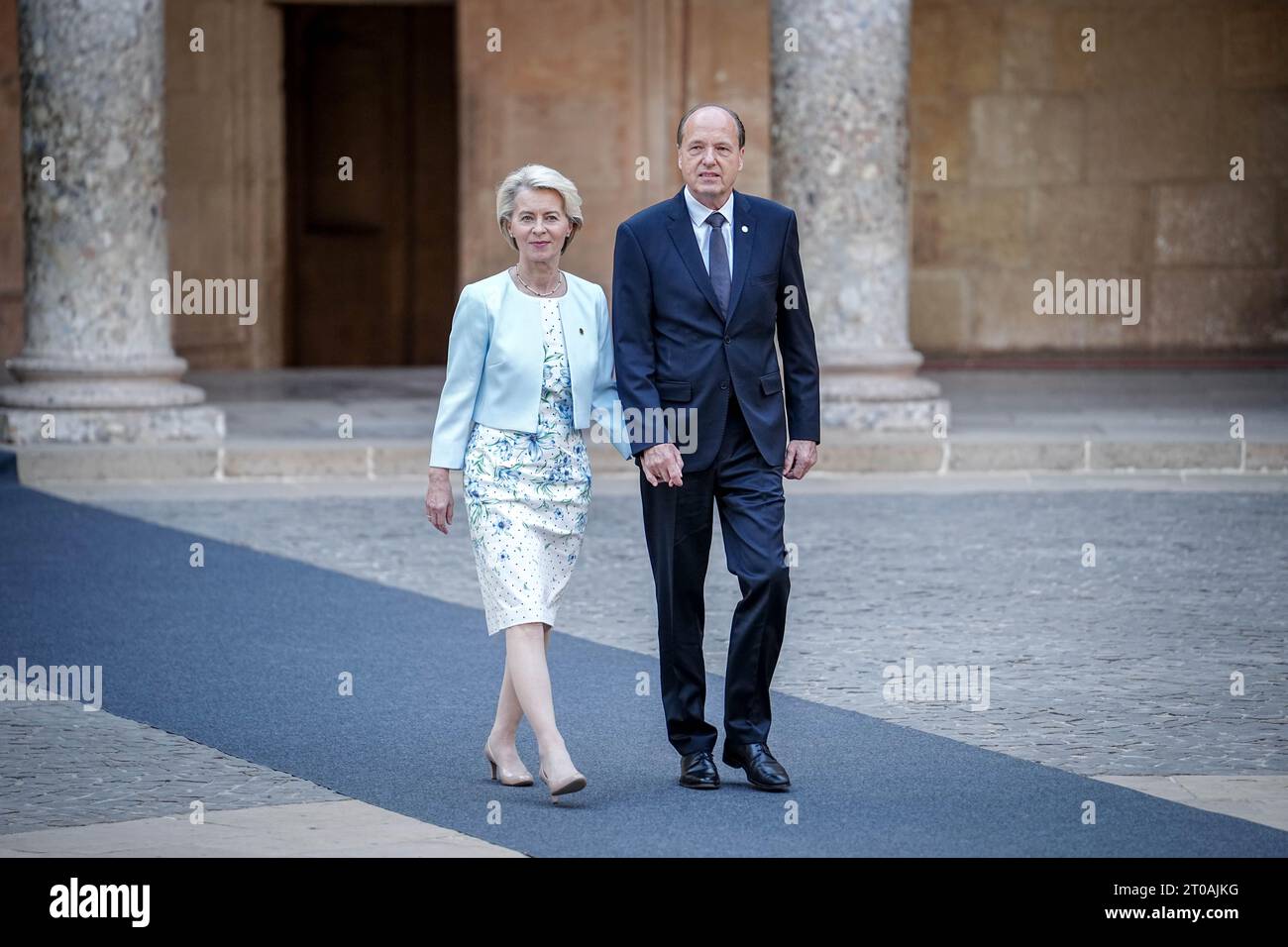 Granada, Spain. 05th Oct, 2023. Ursula von der Leyen (l), President of the European Commission, and her husband Heiko von der Leyen go to dinner at the Alhambra during the European Political Community Summit. Credit: Kay Nietfeld/dpa/Alamy Live News Stock Photo