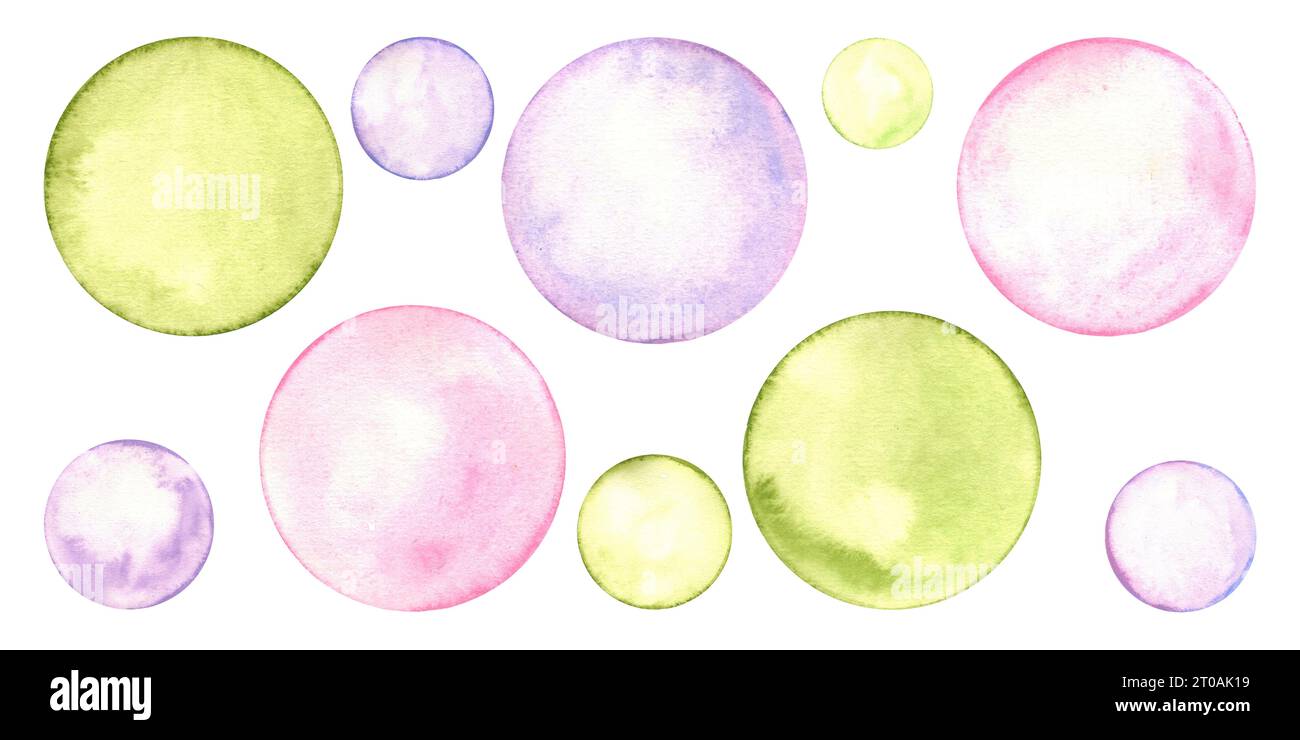 Set of translucent polka dots. Circle in soft pastel colors. Creative minimalist style. Splashes, bubbles, round doodle spots, brush strokes, stains Stock Photo