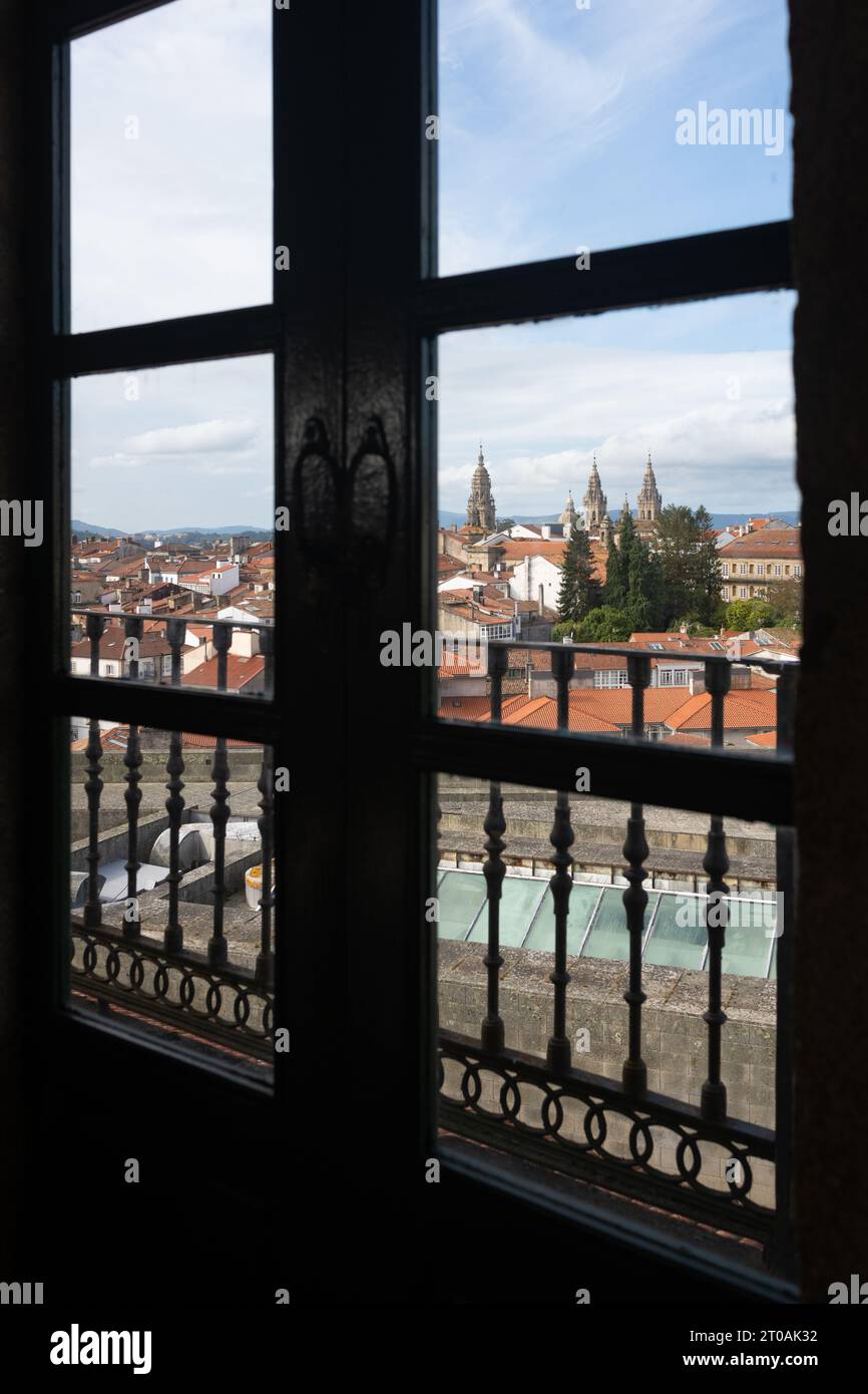 View of Santiago de Compostela cathedral from window of Convent of San Domingos de Bonaval, Santiago de Compostela, Galicia, Spain Stock Photo