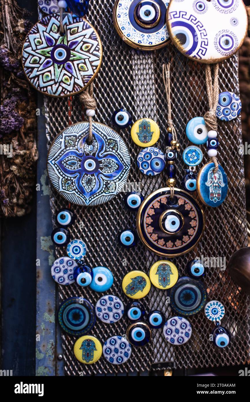 Nazar boncuğu amulets (Turkish / Arabic Glass Amulet - Blue Lucky Charm / Evil Eye) on display in Heidelberg, Germany Stock Photo