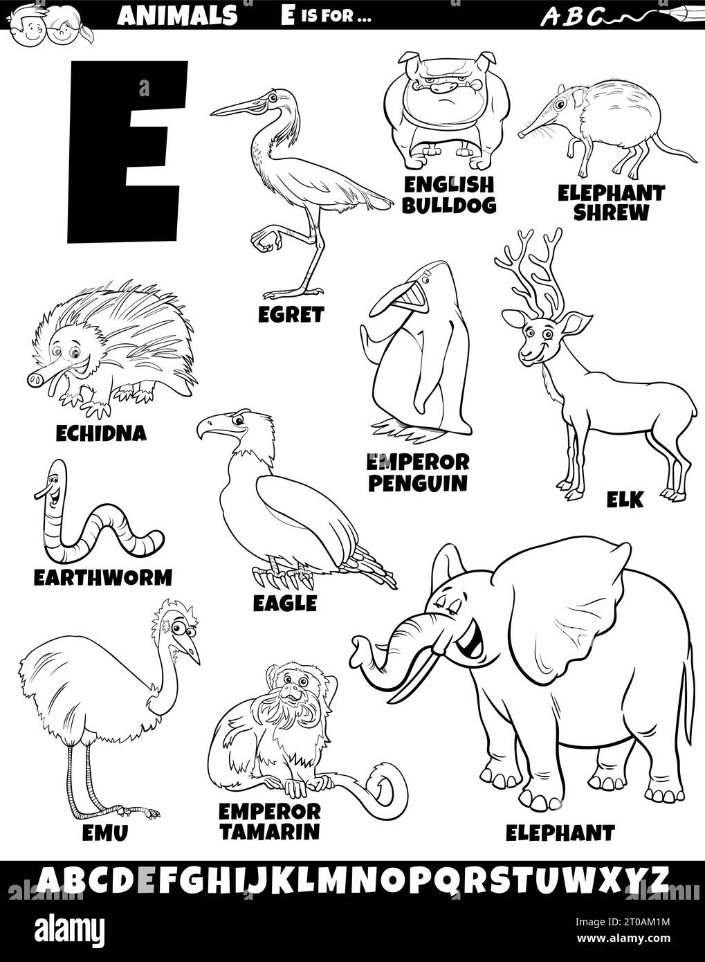 Cartoon illustration of animal characters set for letter E coloring page Stock Vector