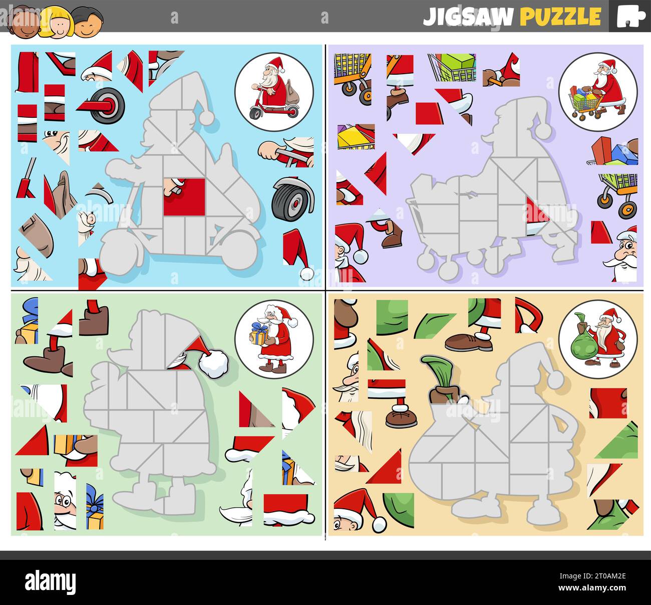 Cartoon illustration of educational jigsaw puzzle games set with Santa ...