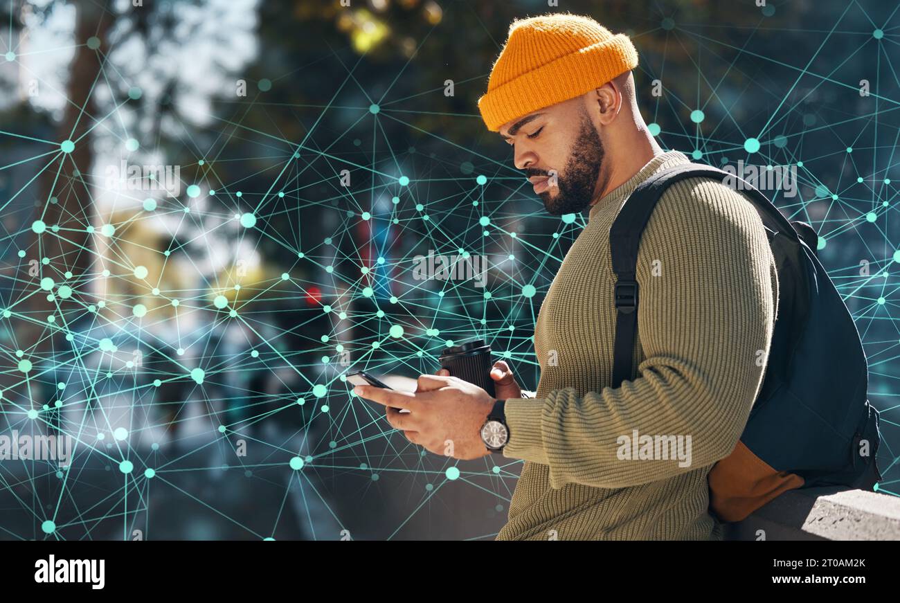 Man using phone in city, innovation and digital transformation, typing on social media and communication. Software, cyber and search urban location Stock Photo