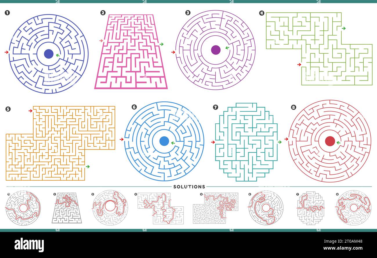 Illustration of maze puzzle activities graphs set with solutions Stock