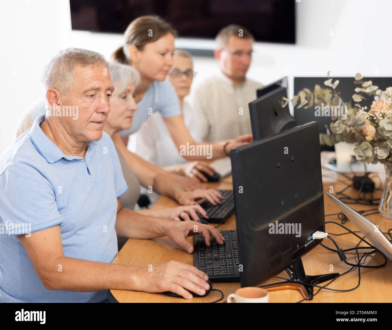 Focused older gentleman using computer at internet cafe Stock Photo