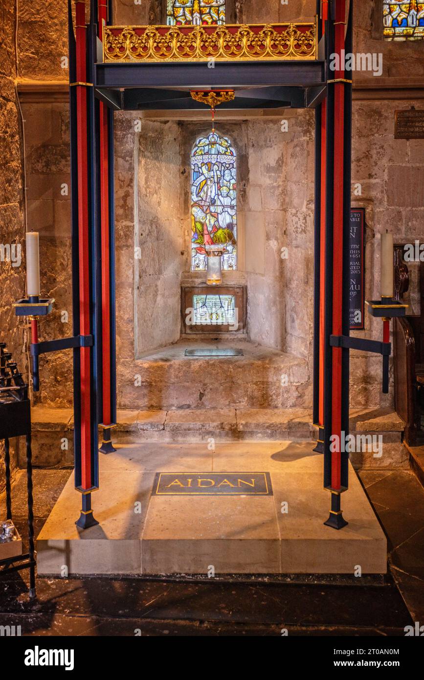 St Aidan's shrine inside St Aidan's church in Bamburgh, Northumberland, UK on 25 September 2023 Stock Photo