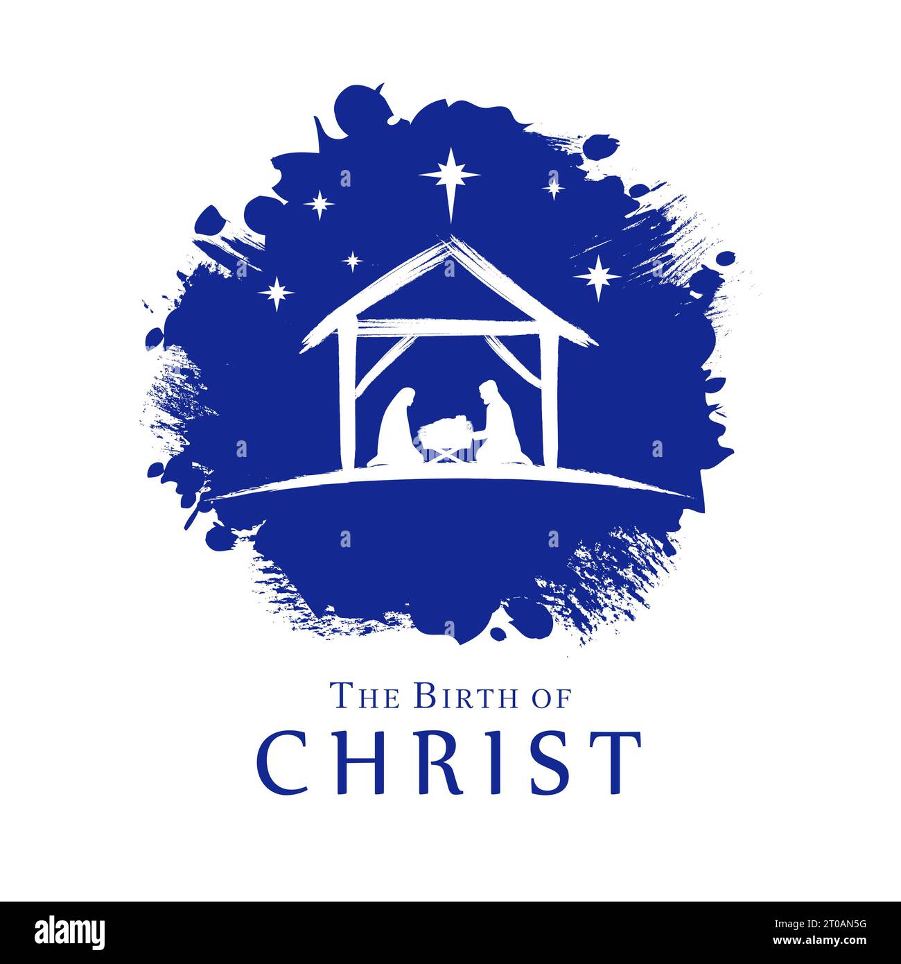 Christmas christian nativity scene with silhouette Joseph Mary and Jesus in manger. Holy night vector illustration with baby Christ on grunge shape Stock Vector