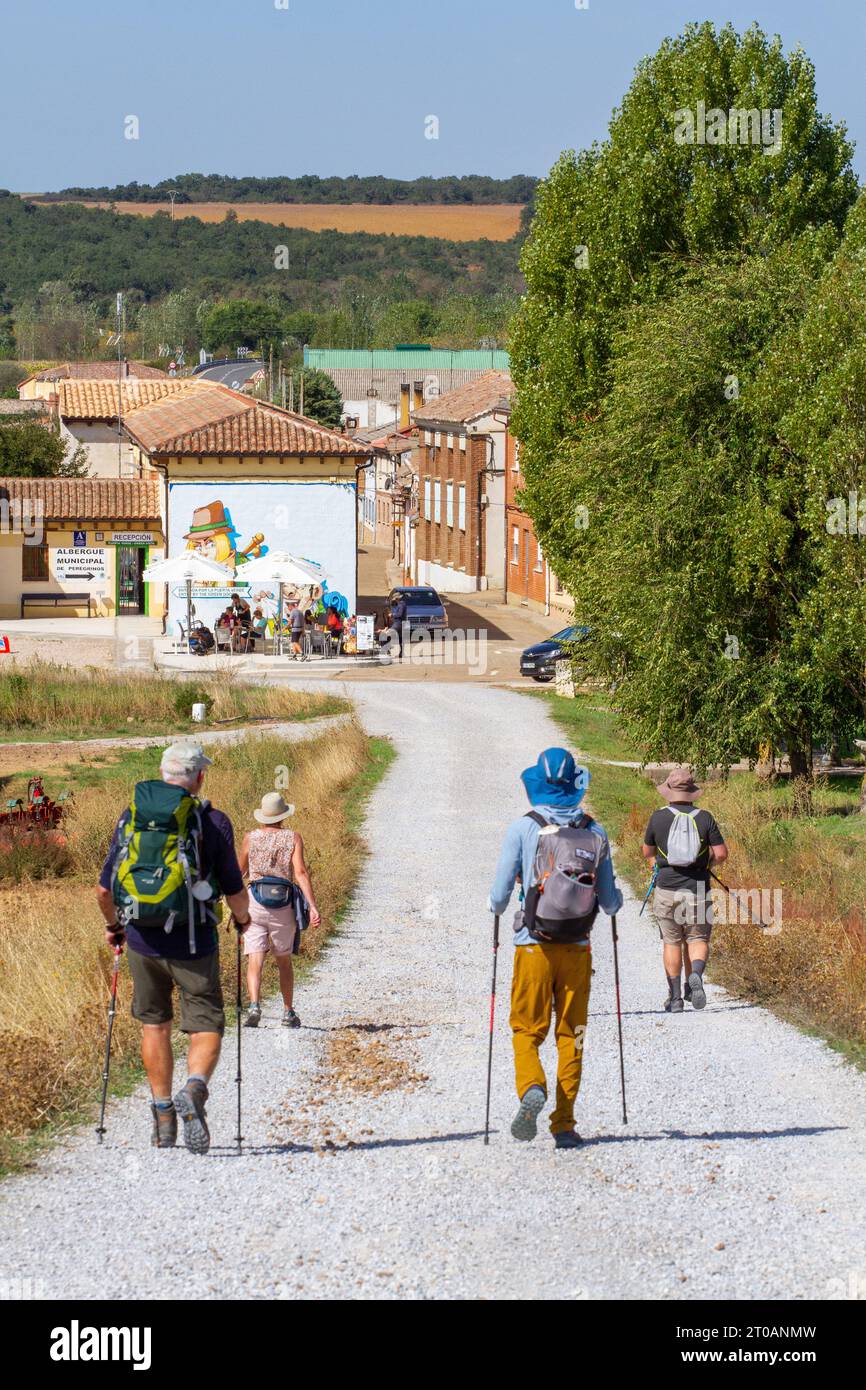Pilgrims backpacking walking the long distance Spanish Camino de Santiago, the way of St James pilgrimage route approaching Calzadilla  de la Cueza Stock Photo