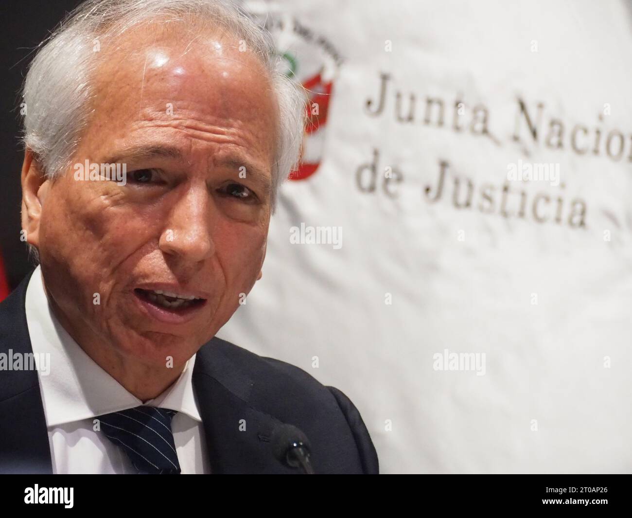 Lima, Peru. 05th Oct, 2023. Aldo Vasquez Rios, Vice President of the National Board of Justice (JNJ), gives a press conference on the ongoing congressional investigation and its effect on the autonomy of the Peruvian Judiciary. On September 7, 2023, the Congressional Justice Commission began a surprising summary investigation against the JNJ, an autonomous body in charge of appointing justice operators and electoral authorities. Credit: Fotoholica Press Agency/Alamy Live News Stock Photo