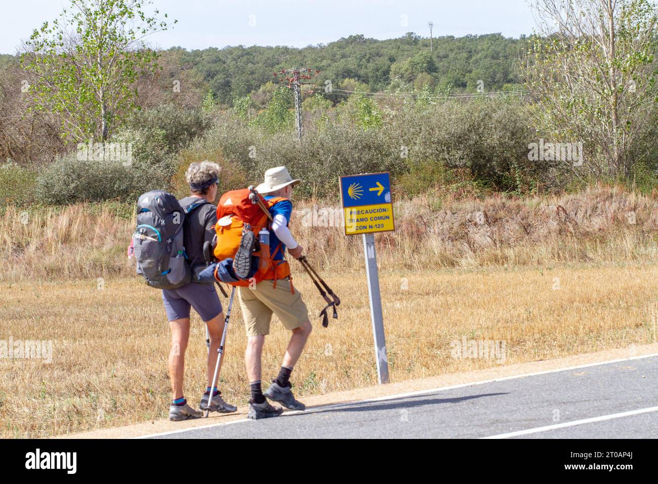 Pilgrims backpacking walking the long distance Spanish Camino de
