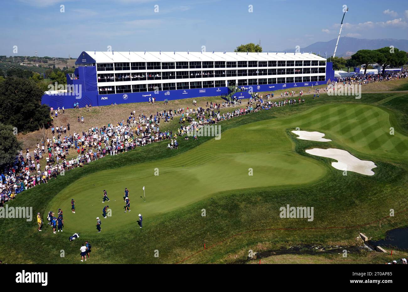 File photo dated 28-09-2023 of a temporary hospitality structure as European players including Rory McIlroy during a practice round. An investigation is under way after a fire broke out at Marco Simone Golf and Country Club on Thursday, just days after the venue staged Europe’s victory in the Ryder Cup. Issue date: Thursday October 5, 2023. Stock Photo