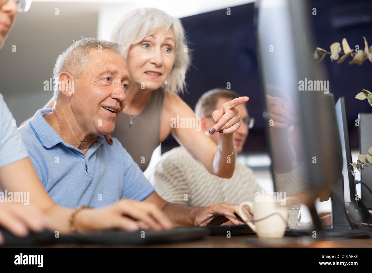 Older female mentor explaining something to elderly man at computer class Stock Photo