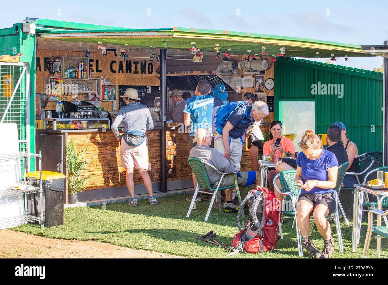 Coffee bar café refreshment stop serving pilgrims walking the Camino de Santiago the way of St James pilgrim route along the Meseta Spain Stock Photo