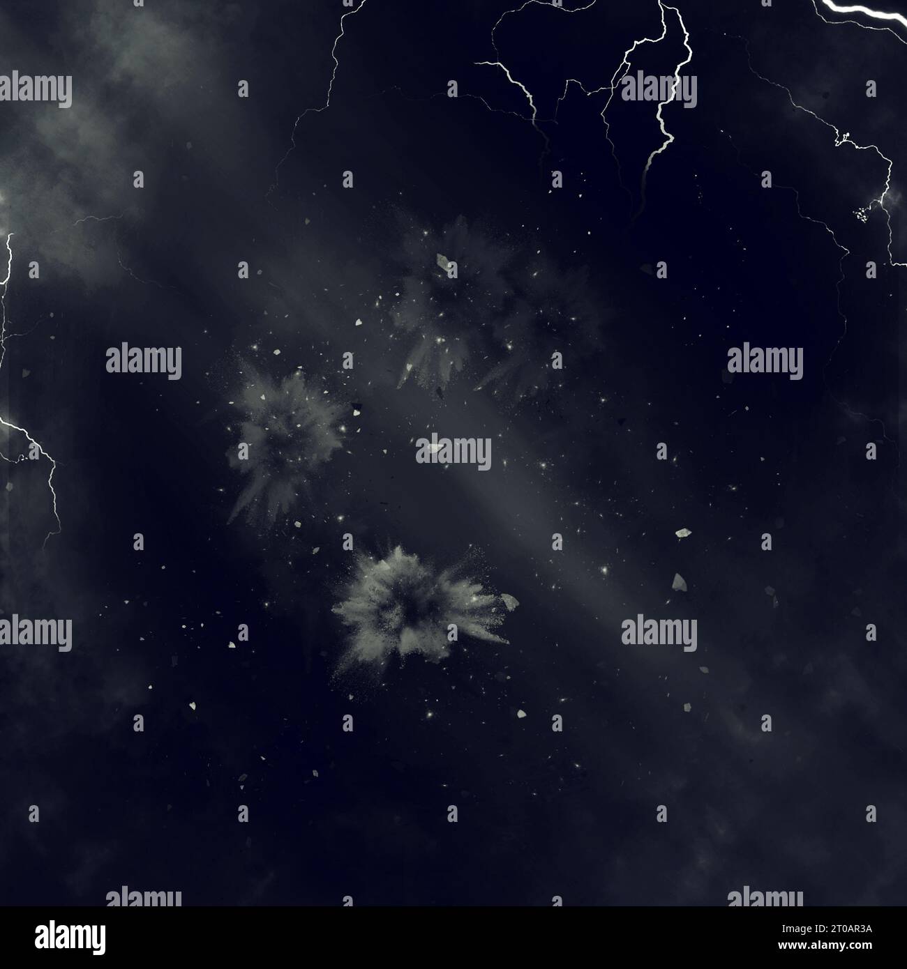 Dark stormy sky with lightning and stars, computer generated abstract background Stock Photo