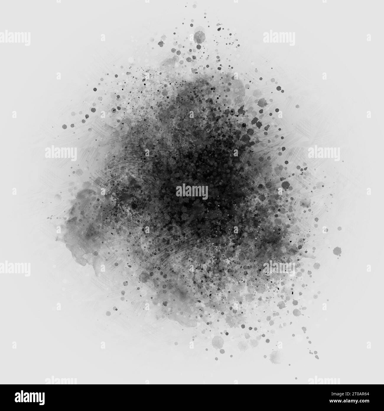 Explosion by an impact of a cloud of particles of powder of color black on a white background. Stock Photo