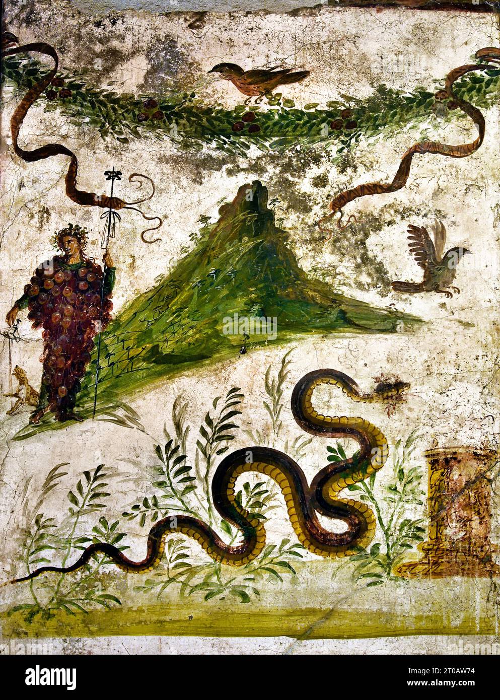 God Dionysus with a bunch of grapes. In the background, Mount Vesuvius. 62-79 AD. House of the Centennial, - House of the Centenary features the earliest known representation of Vesuvius Fresco Pompeii Roman City is located near Naples in the Campania region of Italy. Pompeii was buried under 4-6 m of volcanic ash and pumice in the eruption of Mount Vesuvius in AD 79. Italy Stock Photo