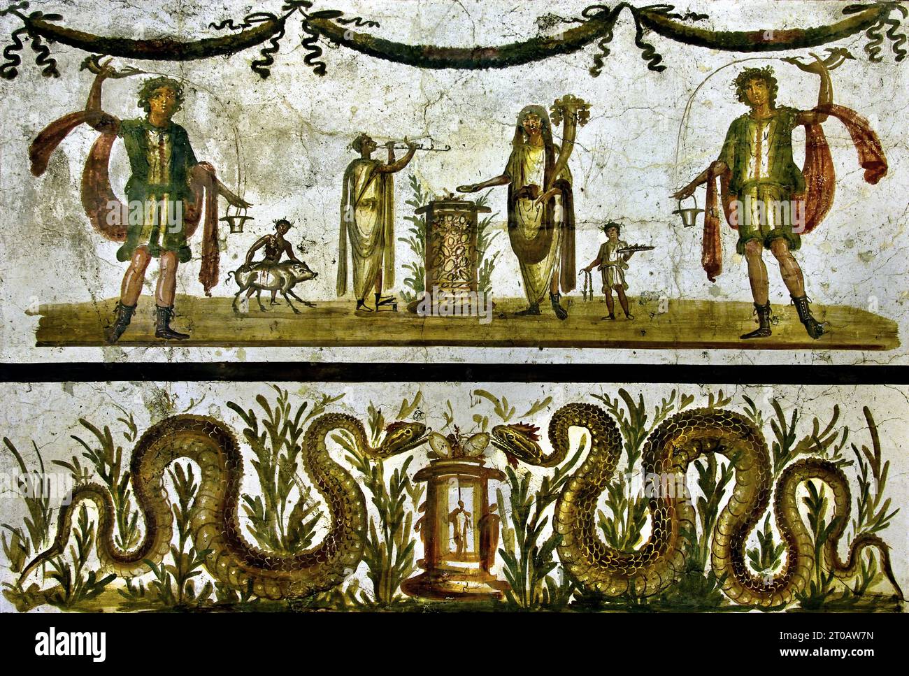 Lari e serpenti - Lares and snakes ( The lararium, a common expression of domestic religiosity, was the place where the images of the Lares and Penates, protectors of the hearth, were placed ) 55-79 AD Fresco Pompeii Roman City is located near Naples in the Campania region of Italy. Pompeii was buried under 4-6 m of volcanic ash and pumice in the eruption of Mount Vesuvius in AD 79. Italy ( Scene of a Genius, assited by a Camillus, sacrificing at an altar as a musician plays de tibia and a slave approaches driving a sacrificial pig ) Stock Photo