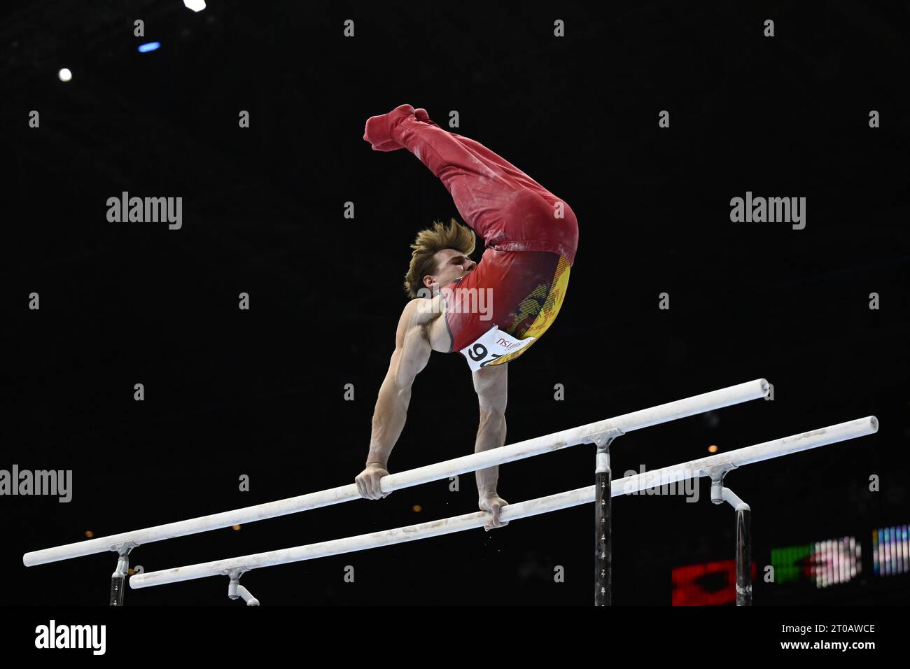 Antwerp, Belgium. 05th Oct, 2023. Belgian Luka van den Keybus pictured in action at the parallel bars during the Men's Individual All-Around Final at the Artistic Gymnastics World Championships, in Antwerp, . The Worlds take place in Antwerp from 30 September to 08 October. BELGA PHOTO DIRK WAEM Credit: Belga News Agency/Alamy Live News Stock Photo