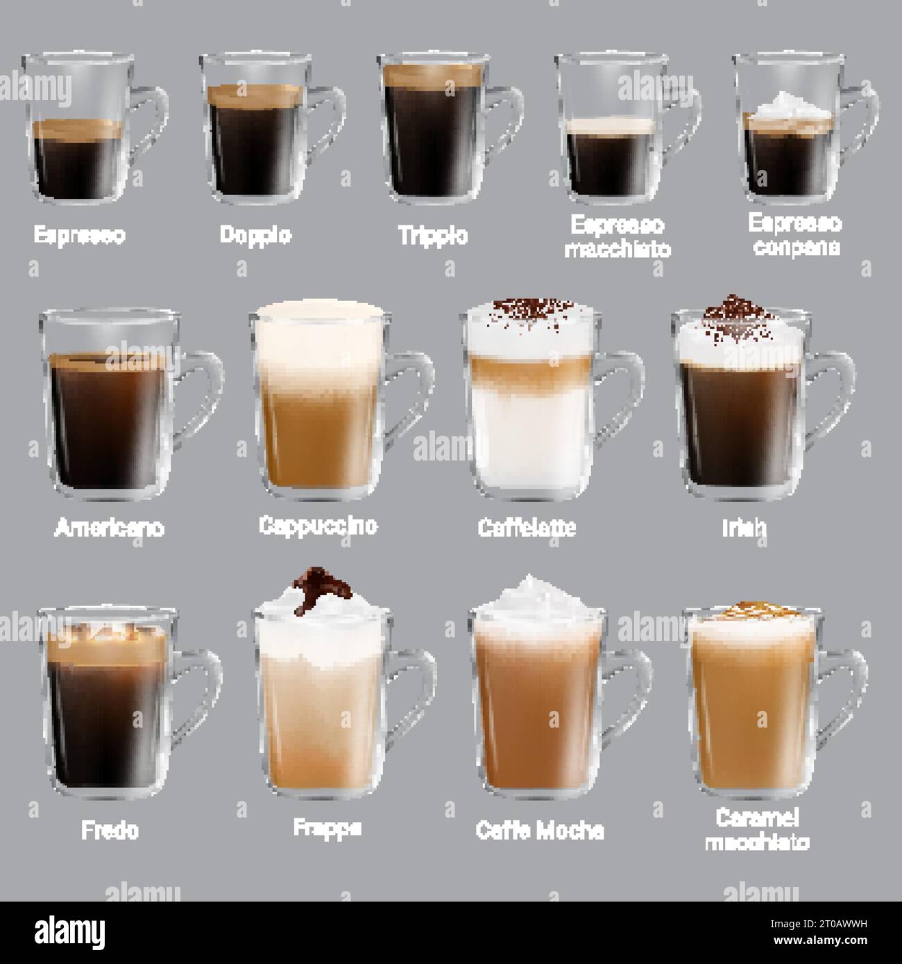 Premium Vector  Espresso, latte, cappuccino in glasses and mugs. coffee  types for coffee house menu.