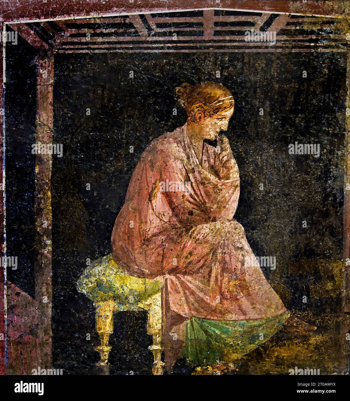 Roman women thinking from the Villa Arianna (Adriana), Stabiae (Stabia) near Pompeii Fresco Pompeii Roman City is located near Naples in the Campania region of Italy. Pompeii was buried under 4-6 m of volcanic ash and pumice in the eruption of Mount Vesuvius in AD 79. Italy Stock Photo