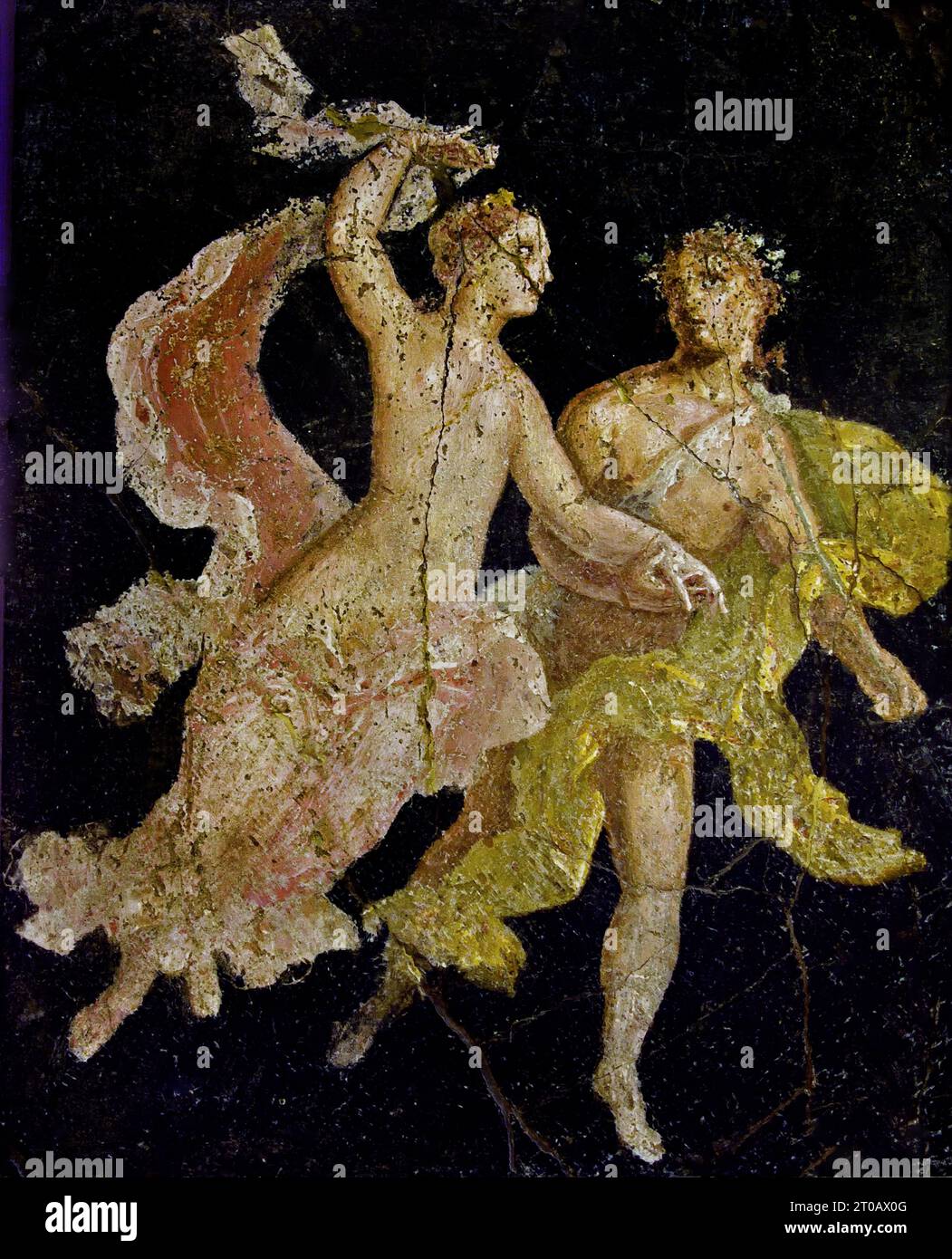 Couple in flight, 10-37 AD,  Ariadne and Dionysus, God appears to accompany, Ariadne in her chariot where she remained, shining with the luminous crown, that she had received from, Dionysus as a wedding gift Fresco Pompeii Roman City is located near Naples in the Campania region of Italy. Pompeii was buried under 4-6 m of volcanic ash and pumice in the eruption of Mount Vesuvius in AD 79. Italy Stock Photo