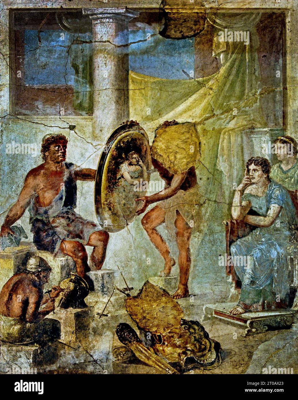 Thetsis looking at her reflection  a golden shield that Hephaistos has made for Achilles (Troy) ,Fresco Pompeii Roman City is located near Naples in the Campania region of Italy. Pompeii was buried under 4-6 m of volcanic ash and pumice in the eruption of Mount Vesuvius in AD 79. Italy Stock Photo