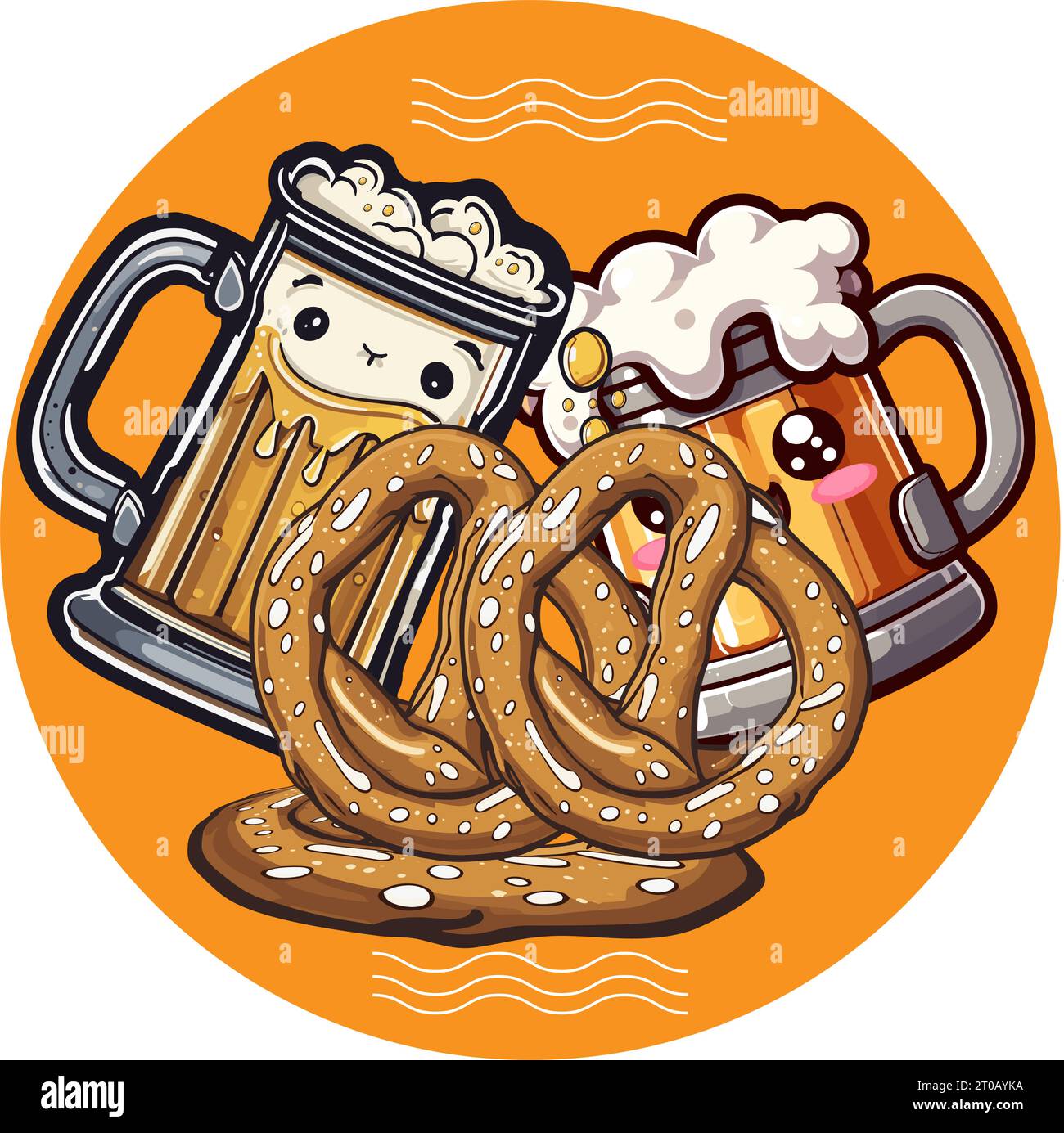 Octoberfest Holiday Background with Pretzel and Beer stein glass. Celebrated German Octoberfest day party Bavaria festival Banner. Beer mug, Giant pre Stock Vector