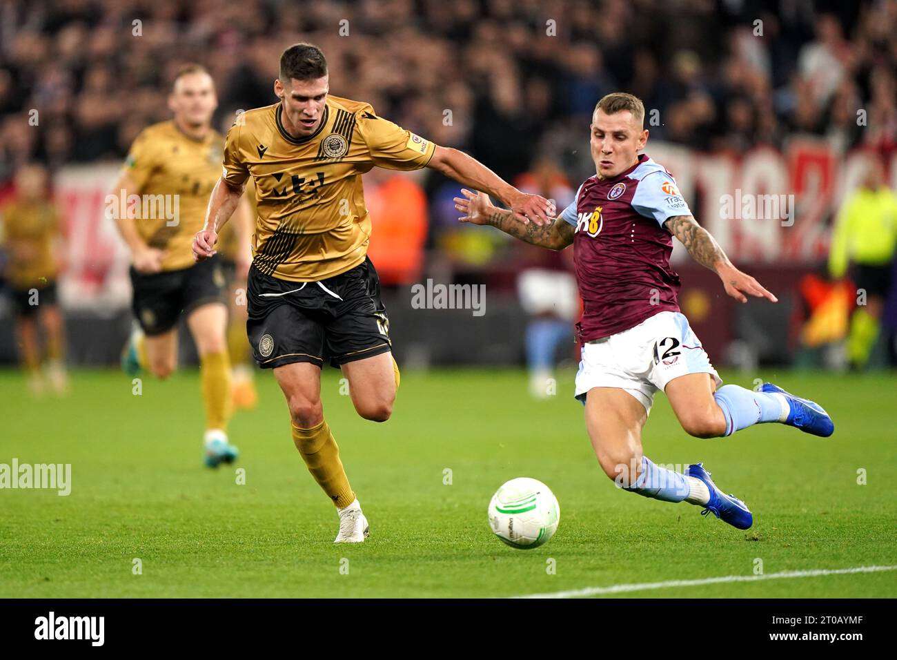 Aston Villa's Lucas Digne (right) and HSK Zrinjski's Aldin Hrvanovic battle for the ball during the UEFA Europa Conference League Group E match at Villa Park, Birmingham. Picture date: Thursday October 5, 2023. Stock Photo