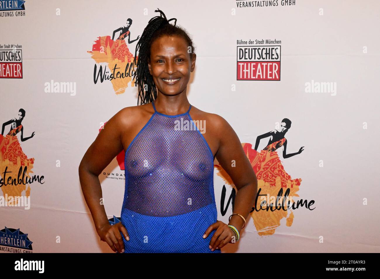 Munich, Germany. 05th Oct, 2023. Model Waris Dirie stands on the red carpet at the German premiere of the musical "Desert Flower" at the Deutsches Theater. Credit: Felix Hörhager/dpa/Alamy Live News Stock Photo