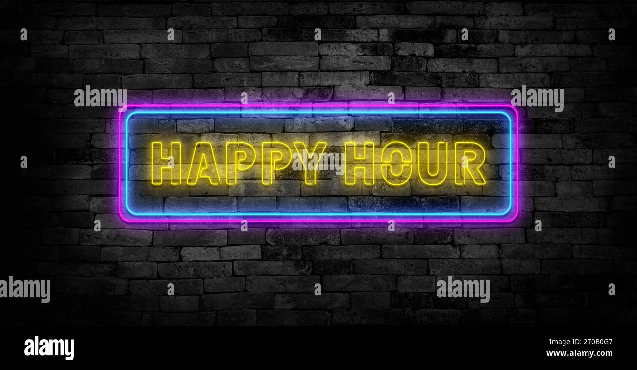 A neon happy Hour sign in front of a bar or pub. Slightly blurred bar