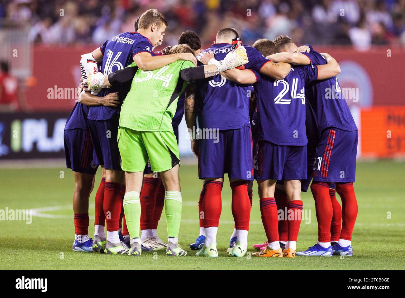 Chicago, Illinois, USA. 04th Oct, 2023. Chicago Fire FC huddles prior to MLS Soccer match action between Inter Miami FC and Chicago Fire FC at Soldier Field in Chicago, Illinois. Chicago Fire FC defeated Inter Miami FC 4-1. John Mersits/CSM/Alamy Live News Stock Photo