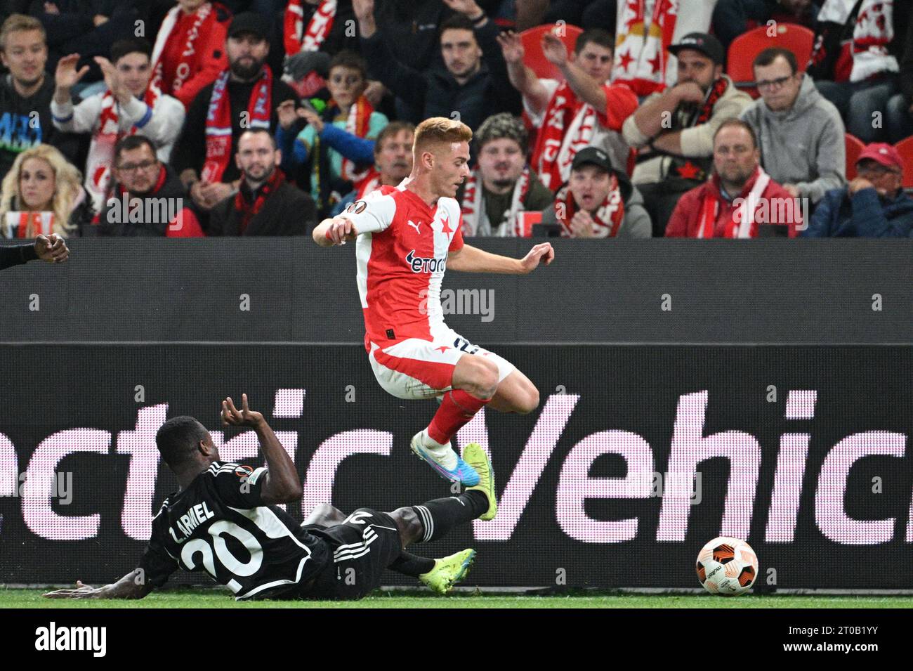 Prague, Czech Republic. 05th Oct, 2023. Soccer players L-R Armel Zohouri of  Tiraspol and Andres Dumitrescu of Slavia Praha in action during the  Football Europe League 2nd round match, group G match