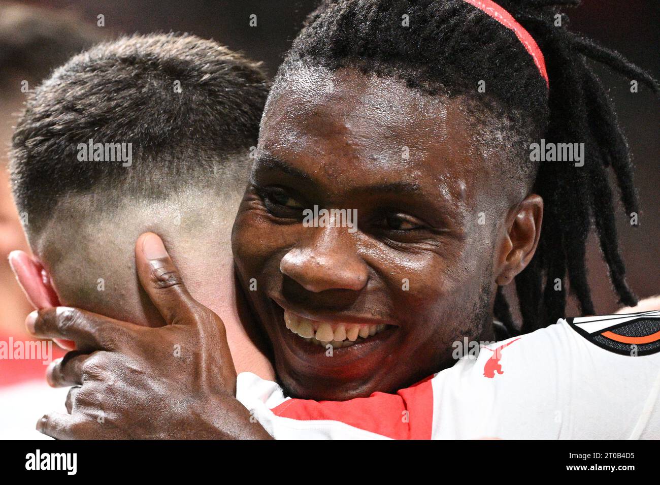 Prague, Czech Republic. 05th Oct, 2023. Soccer players L-R Armel Zohouri of  Tiraspol and Andres Dumitrescu of Slavia Praha in action during the  Football Europe League 2nd round match, group G match