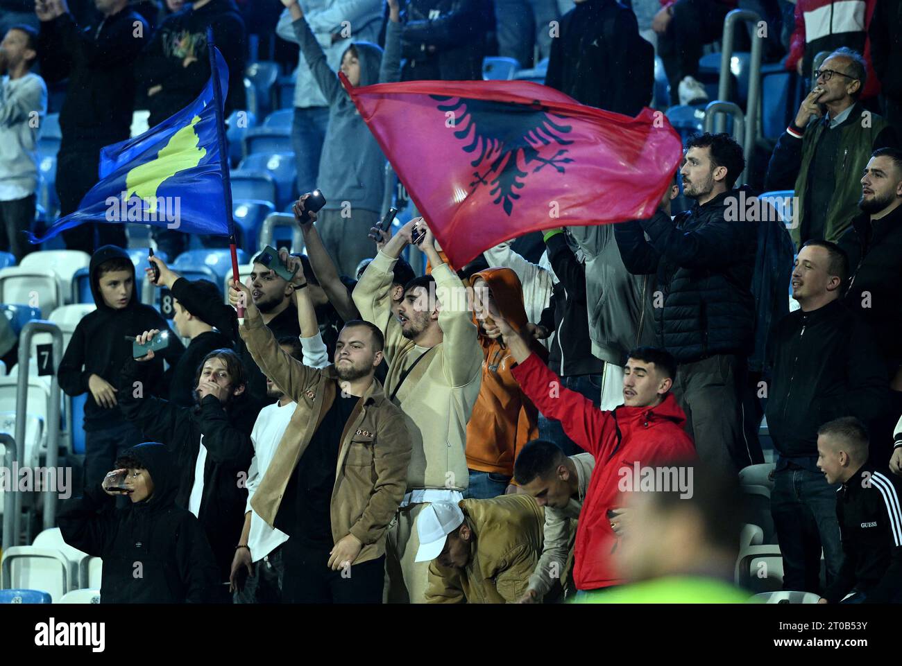 Pristina, Kosovo. 05th Oct, 2023. PRISTINA, KOSOVO - OCTOBER 5: Fans cheer on the stands during UEFA Europa Conference League Group C match between Ballkani and GNK Dinamo Zagreb at Stadiumi Fadil Vokrri on October 5, 2023 in Pristina, Kosovo. Photo: Marko Lukunic/PIXSELL Credit: Pixsell/Alamy Live News Stock Photo