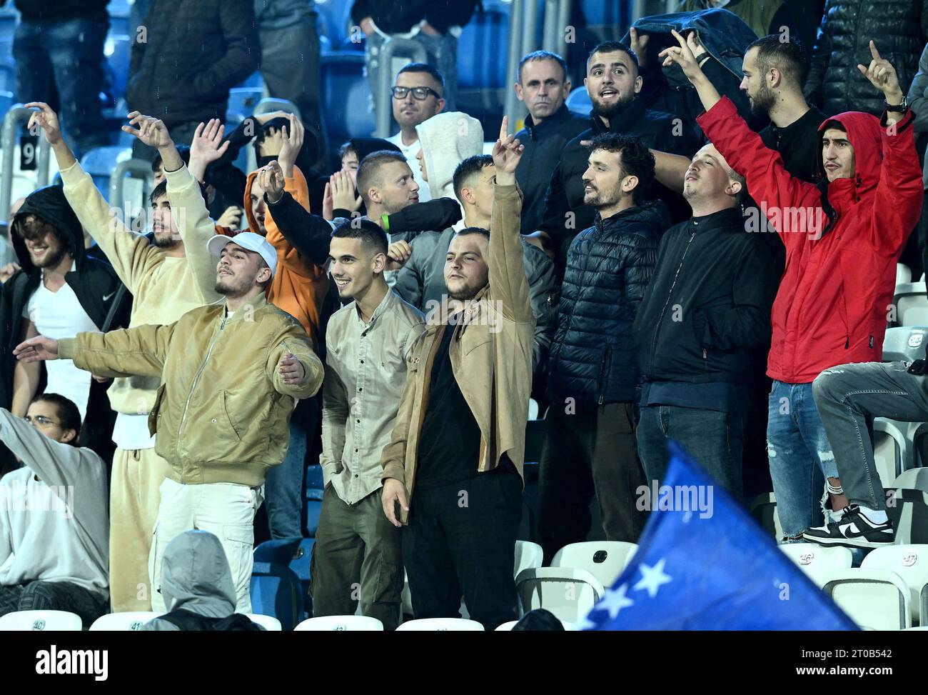 Pristina, Kosovo. 05th Oct, 2023. PRISTINA, KOSOVO - OCTOBER 5: Fans Cheer on the stands during UEFA Europa Conference League Group C match between Ballkani and GNK Dinamo Zagreb at Stadiumi Fadil Vokrri on October 5, 2023 in Pristina, Kosovo. Photo: Marko Lukunic/PIXSELL Credit: Pixsell/Alamy Live News Stock Photo