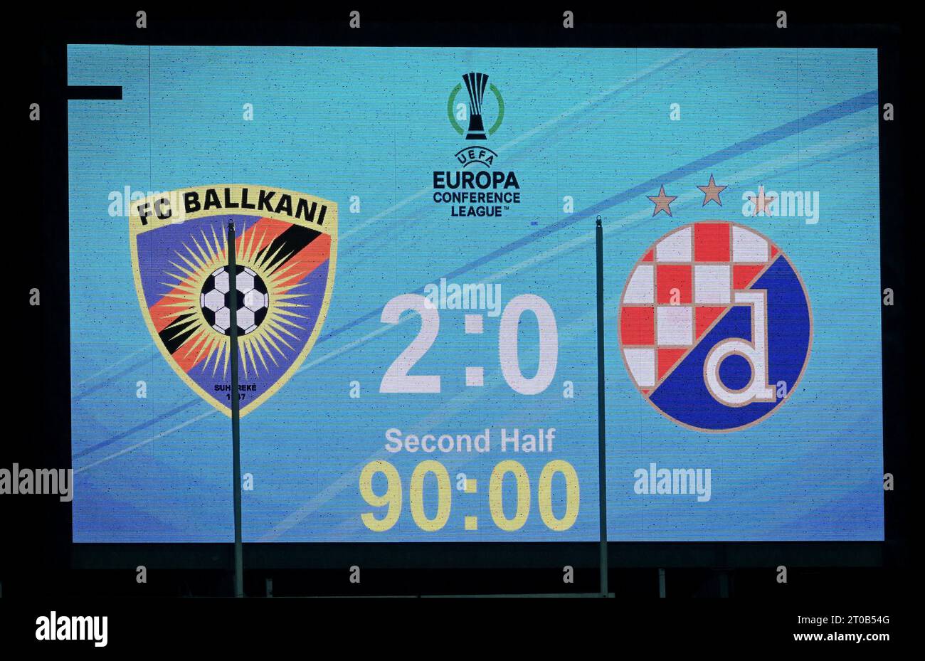 Pristina, Kosovo. 05th Oct, 2023. PRISTINA, KOSOVO - OCTOBER 5: Score board is pictured after UEFA Europa Conference League Group C match between Ballkani and GNK Dinamo Zagreb at Stadiumi Fadil Vokrri on October 5, 2023 in Pristina, Kosovo. Photo: Marko Lukunic/PIXSELL Credit: Pixsell/Alamy Live News Stock Photo