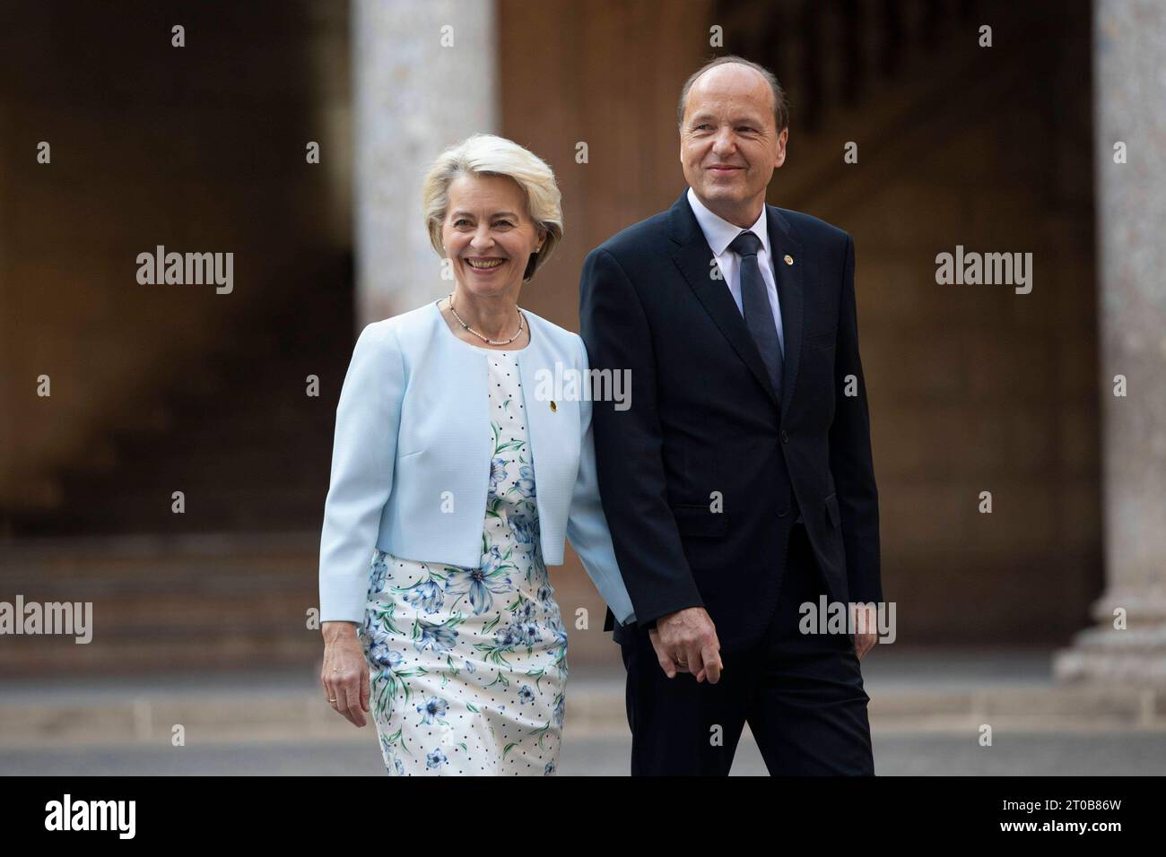 Arrival of political leaders at the gala reception held at the Alhambra during the European Summit in Granada, Spain, October 5, 2023. Ursula Von Der Leyen and Heiko Echter LLegada de los lideres politicos a la recepcion de gala celebrada en la Alhambra durante la Cumbre de Europa en Granada, España, 05 de Octubre de 2023 900/Cordon Press Credit: CORDON PRESS/Alamy Live News Stock Photo