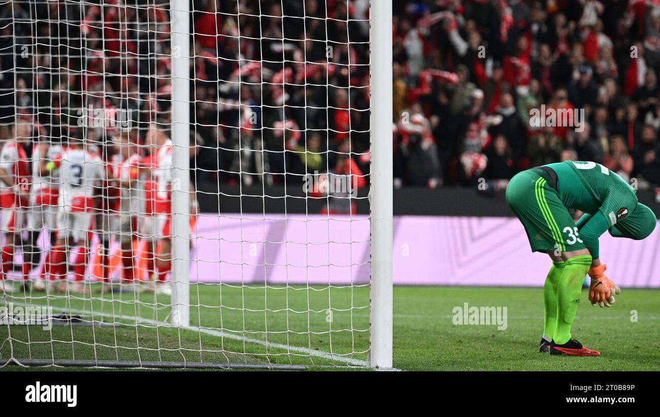 Prague, Czech Republic. 05th Oct, 2023. Soccer players L-R Armel Zohouri of  Tiraspol and Andres Dumitrescu of Slavia Praha in action during the  Football Europe League 2nd round match, group G match