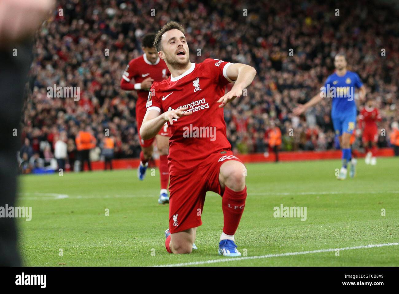 Liverpool, UK. 05th Oct, 2023. Diogo Jota of Liverpool celebrates after ...