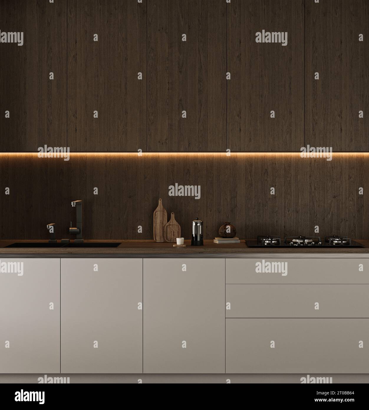 Modern minimal style dark wooden kitchen. Brown color interior design