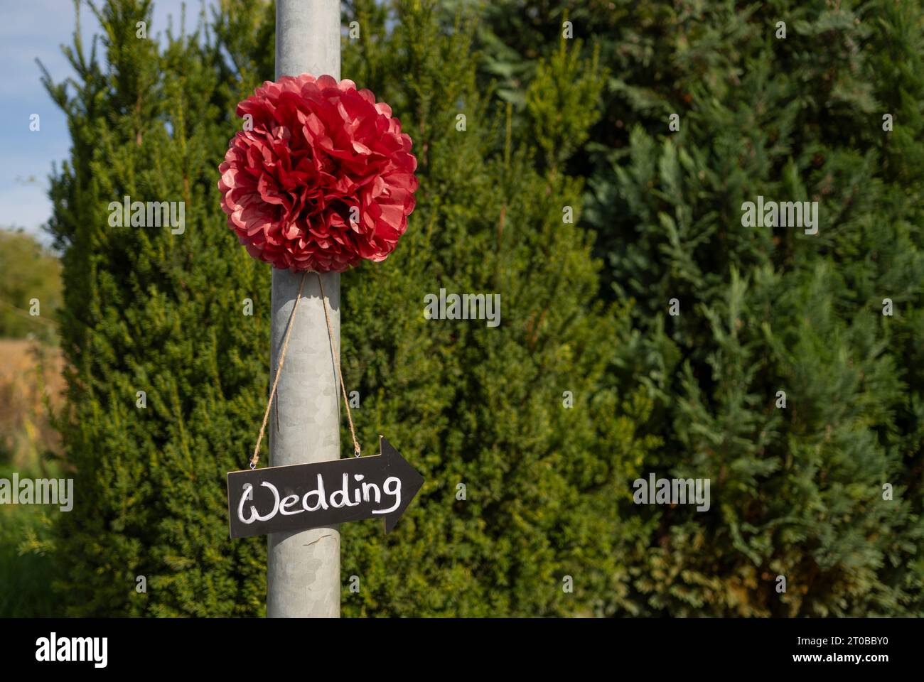 , Symbole, Deutschland, Rheinland-Pfalz, Speyer, Hochzeitslocation, 02.10.2023, das Bild zeigt ein Hochzeitsschild mit einer roten Blume, das an einem Stock Photo