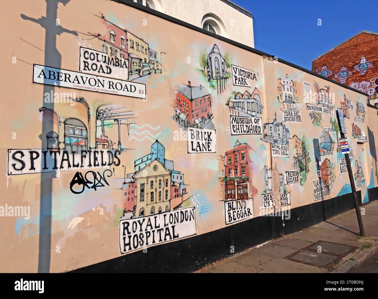 Landmarks of Tower Hamlets, Aberavon Road mural - 401 Mile End Rd, Bow, London, England, UK,  E3 4PB Stock Photo