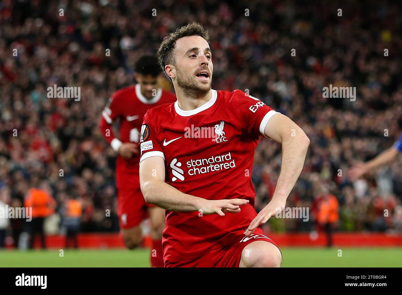 Liverpool, UK. 05th Oct, 2023. Diogo Jota of Liverpool celebrates after ...