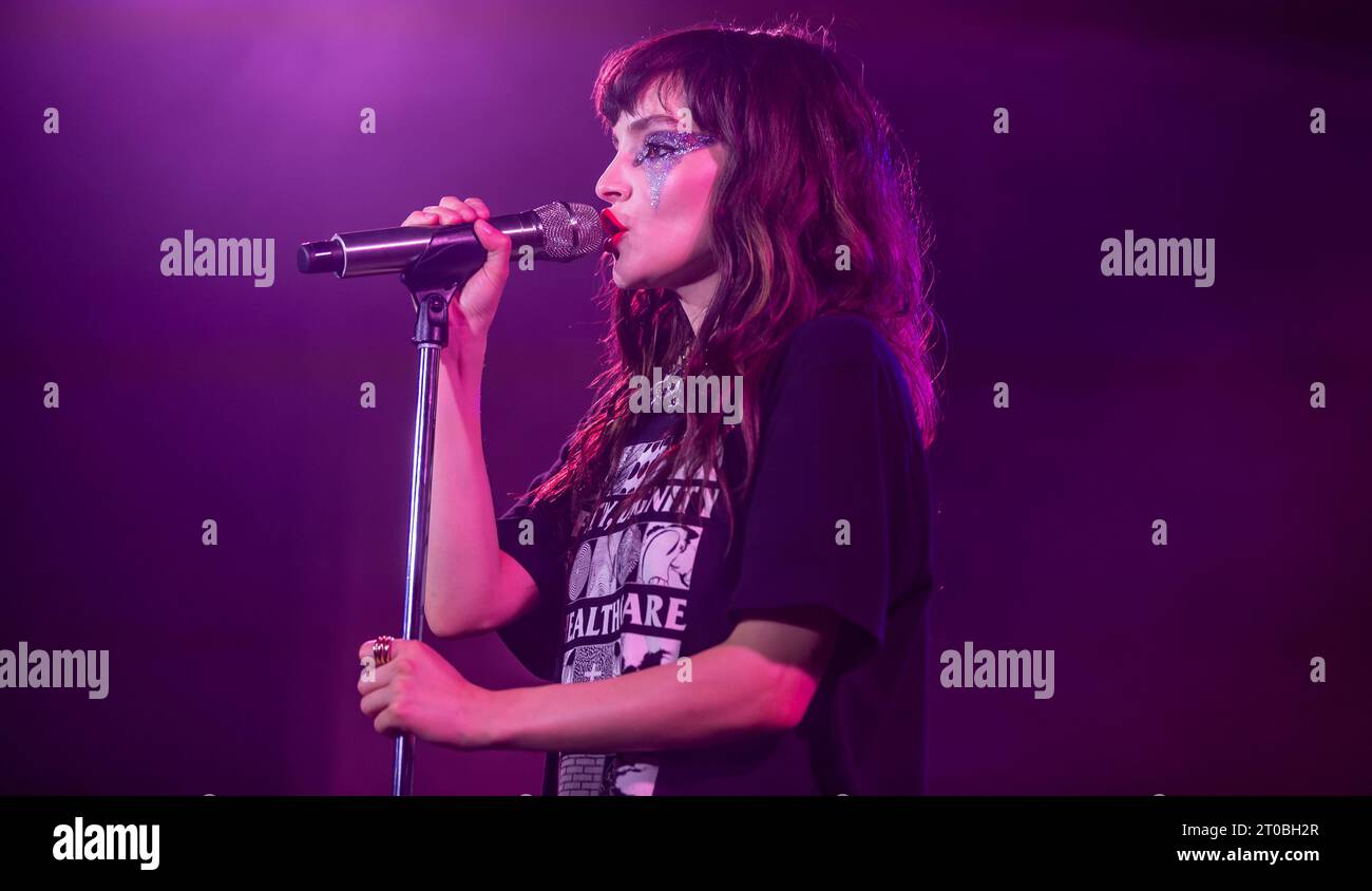 Glasgow, Scotland. 5th Oct 2023. Lauren Mayberry on stage during the first show of her first solo tour. Her debut solo album Are you Awake? will be released this month. Stock Photo