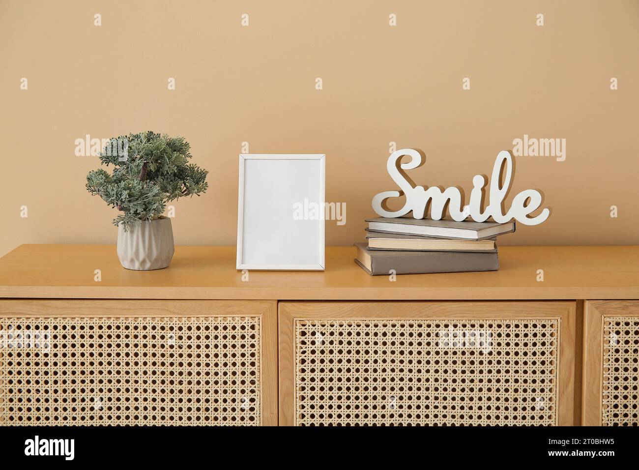 Blank frame, books and decorative tree in pot on wooden sideboard Stock ...