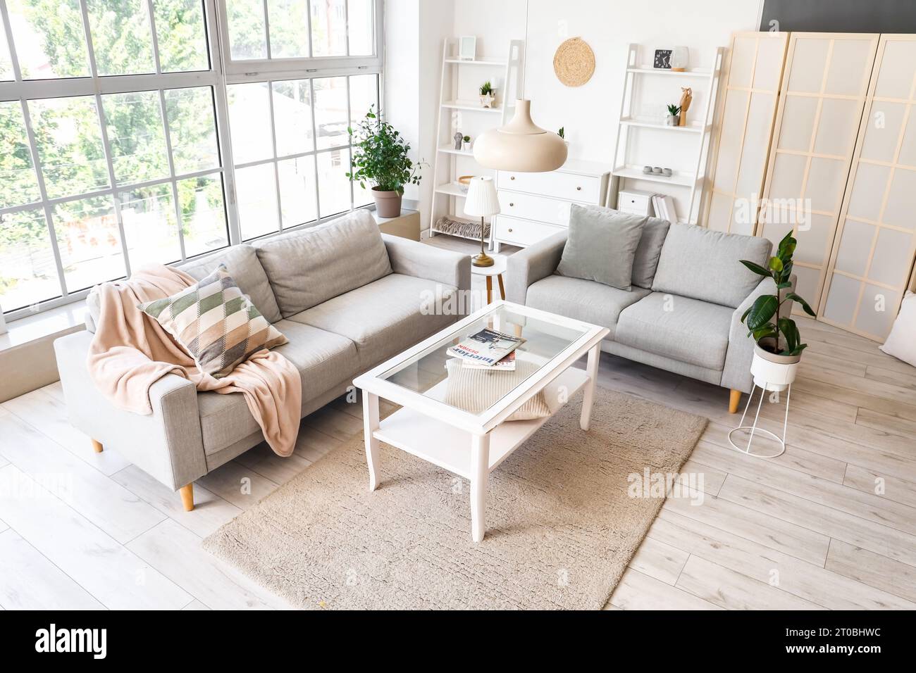 Interior of light living room with grey sofas and coffee table Stock ...