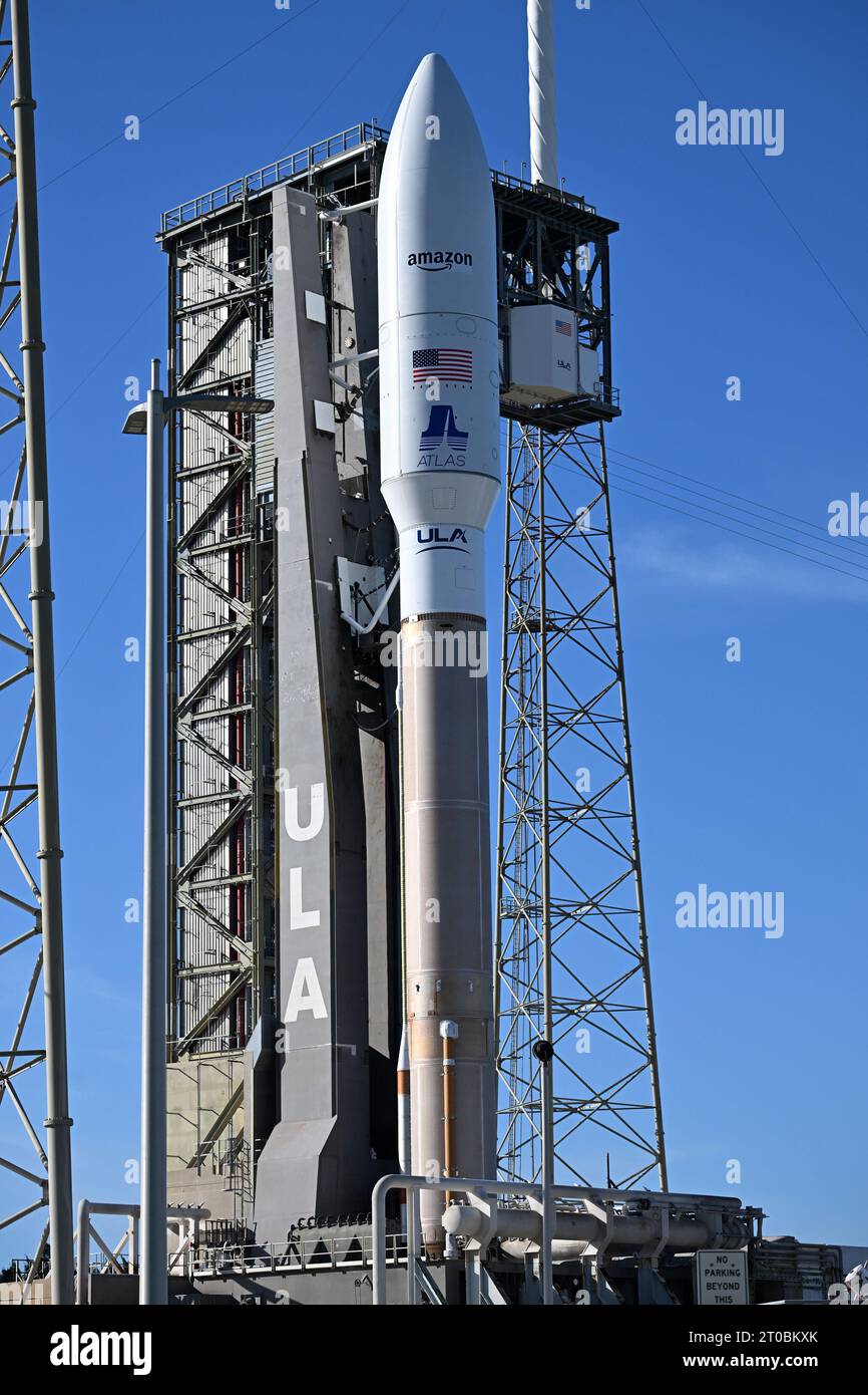 The United Launch Alliance Atlas V rocket with the twin Amazon Project Kuiper satellites stand
