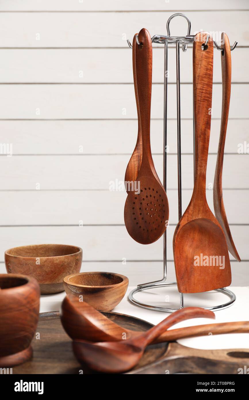 Set of different kitchen utensils on table Stock Photo Alamy