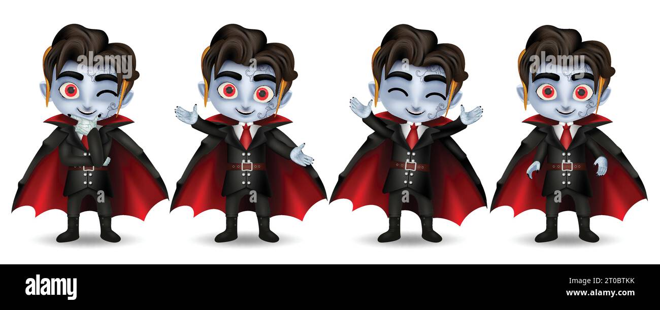 Halloween vampire characters vector set design. Vampire young boy in standing poses and cute friendly smiling face character collection. Vector Stock Vector